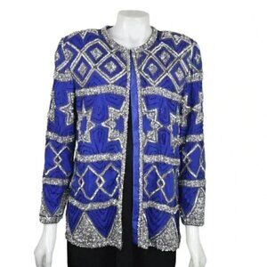 Vintage  80's Scarlet Rage Royal Blue Silver Stars Beaded Sequins Jacket Formal